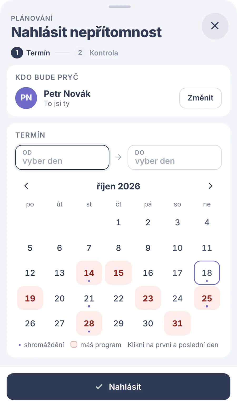 Snippet: the Report absence form with a calendar; days with assignments are red.