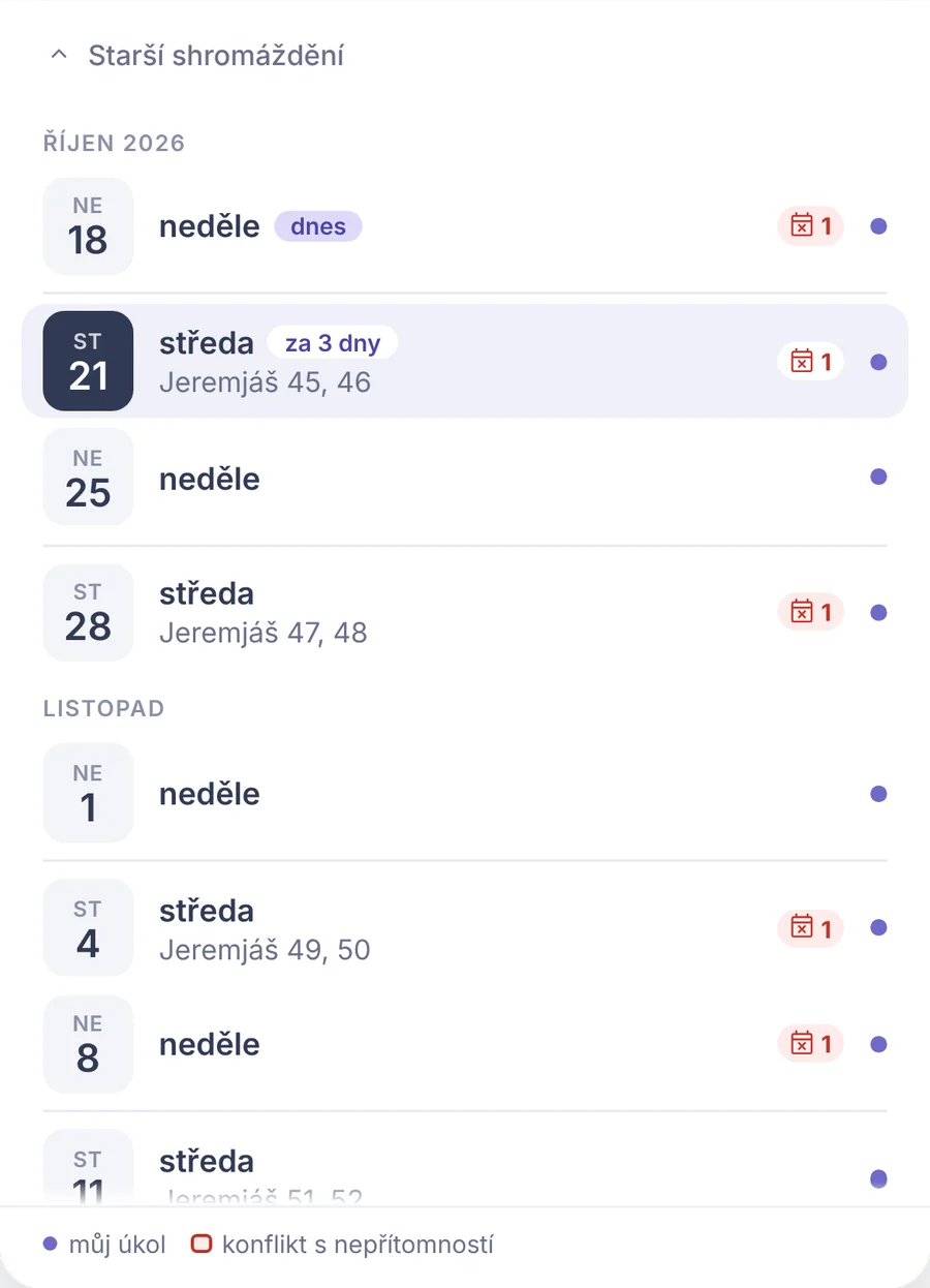 Snippet: a list of meetings; some have a conflict-with-absence marker.