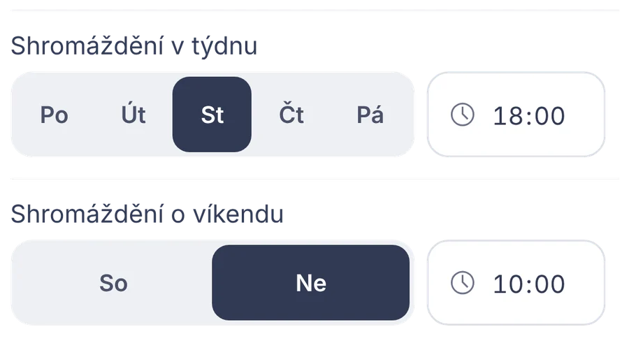 Snippet: settings for midweek and weekend meeting days and times.