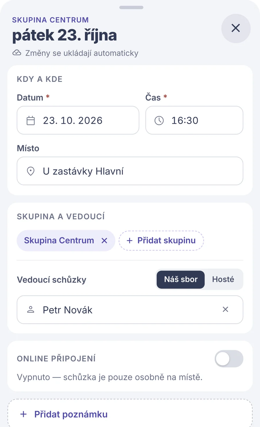 Snippet: meeting details – date, time, place, group, and conductor.