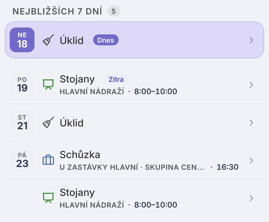 App snippet: the Next 7 days list – cleaning today, carts tomorrow, a meeting for field service, and more.