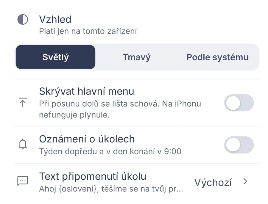 Snippet: theme settings Light, Dark, System, and notifications.