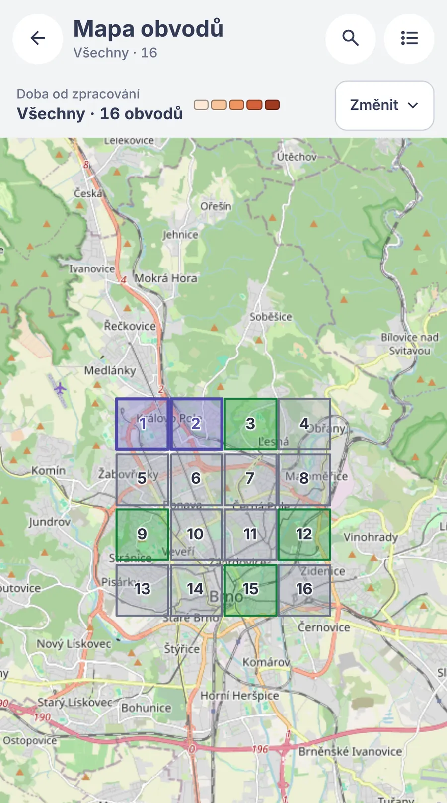 Snippet: a map of sixteen territories colored by time since last worked.