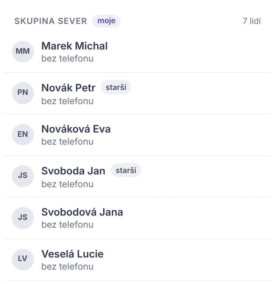 Snippet: a list of people in a group; elders have a tag.